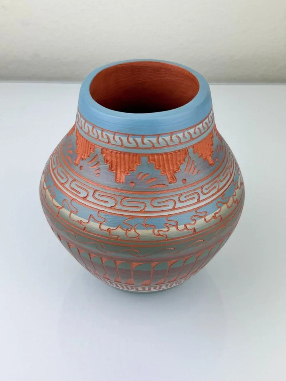 Navajo Pottery Vase Terracotta Red Clay Etched Blue Orange Teal 6
